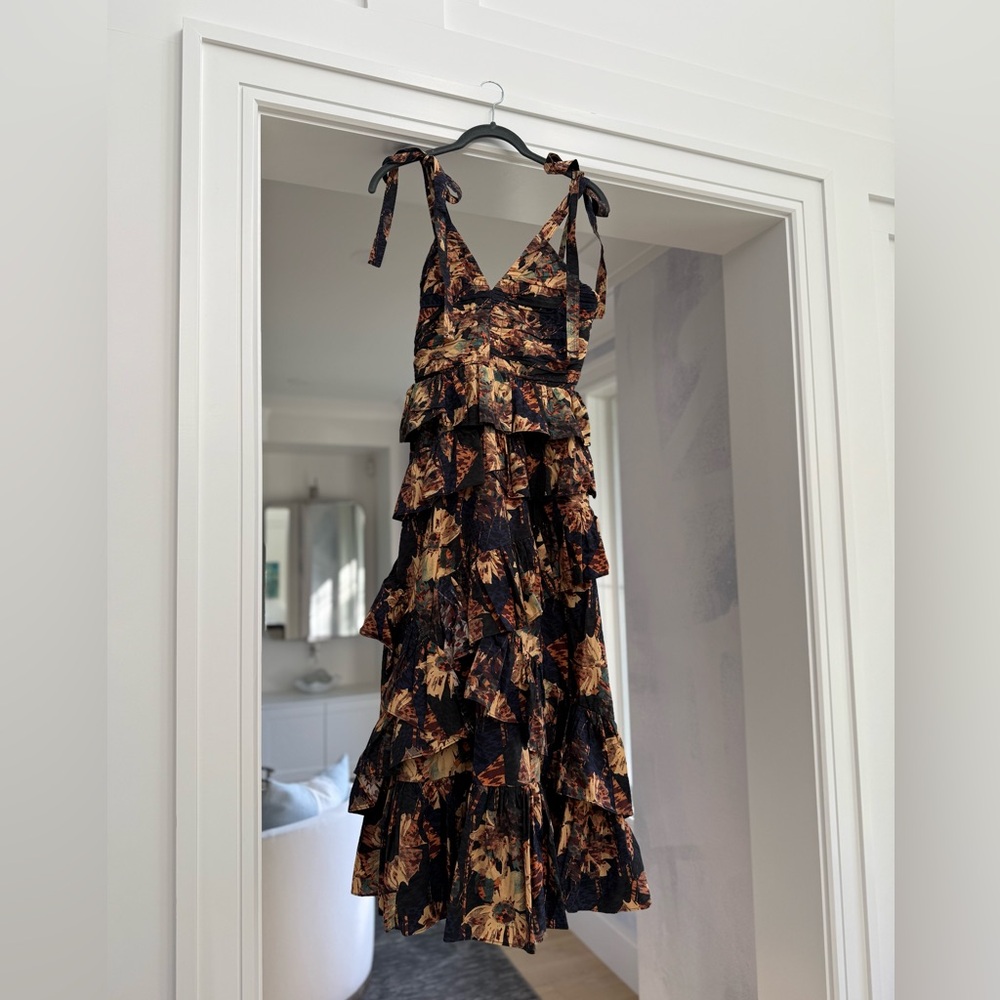ULLA JOHNSON Candace Tie-Shoulder Tiered Ruffle Midi Dress - Size 2